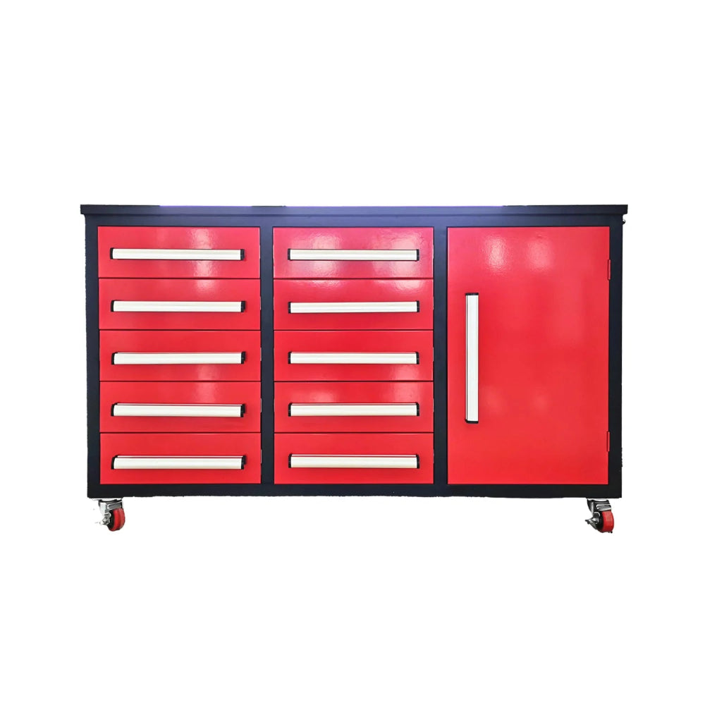 Red tool cabinet with multiple drawers on a white background