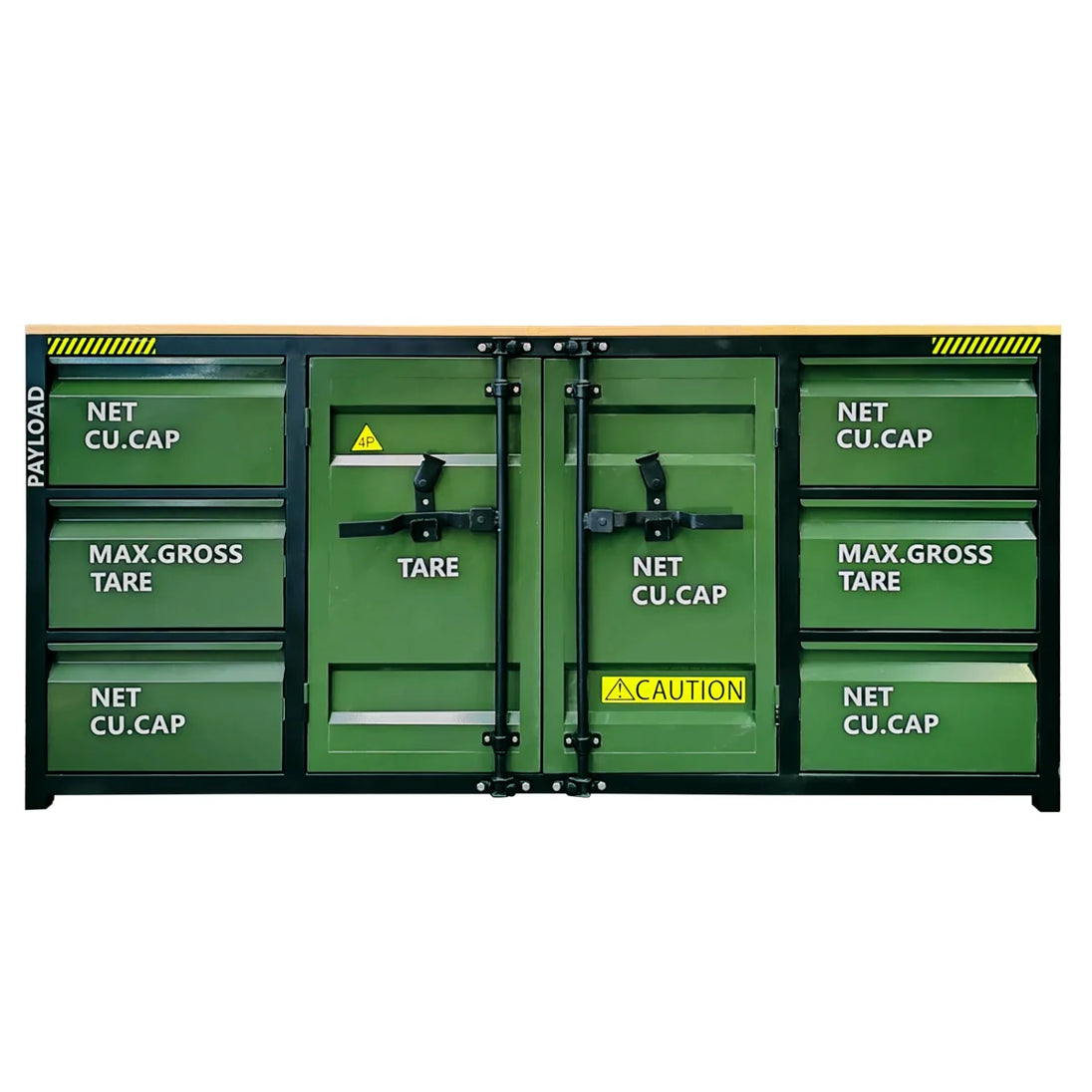 Green industrial storage container with labeled compartments on a white background