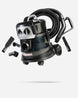 A black and silver wet/dry vacuum cleaner with a flexible hose, shown floating against a light gray background with several black attachment nozzles arranged around it.