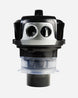 A black and silver pool skimmer blower assembly with a clear filter basket, shown against a light gray background.