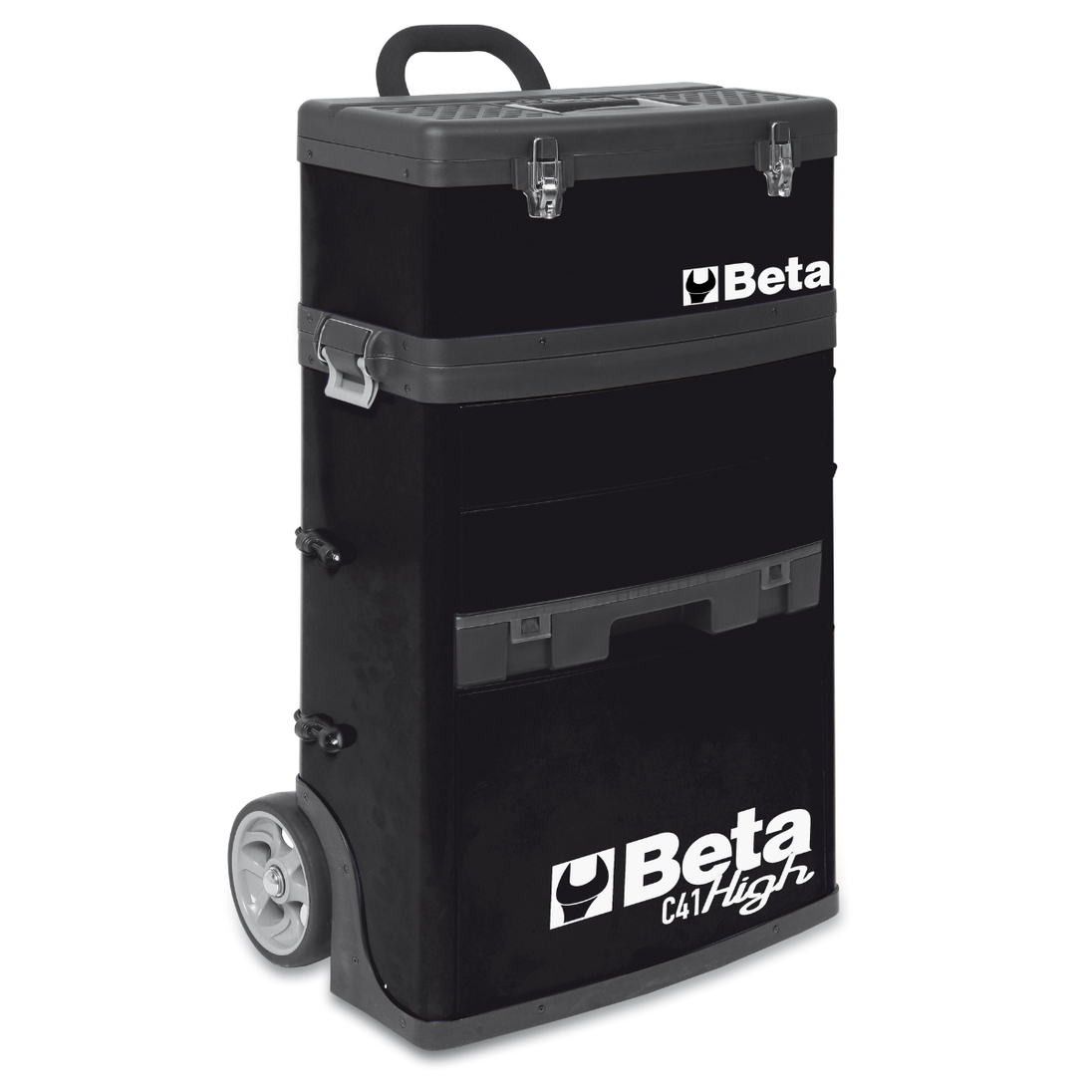 Black tool cart with wheels and 'Beta' branding on a white background