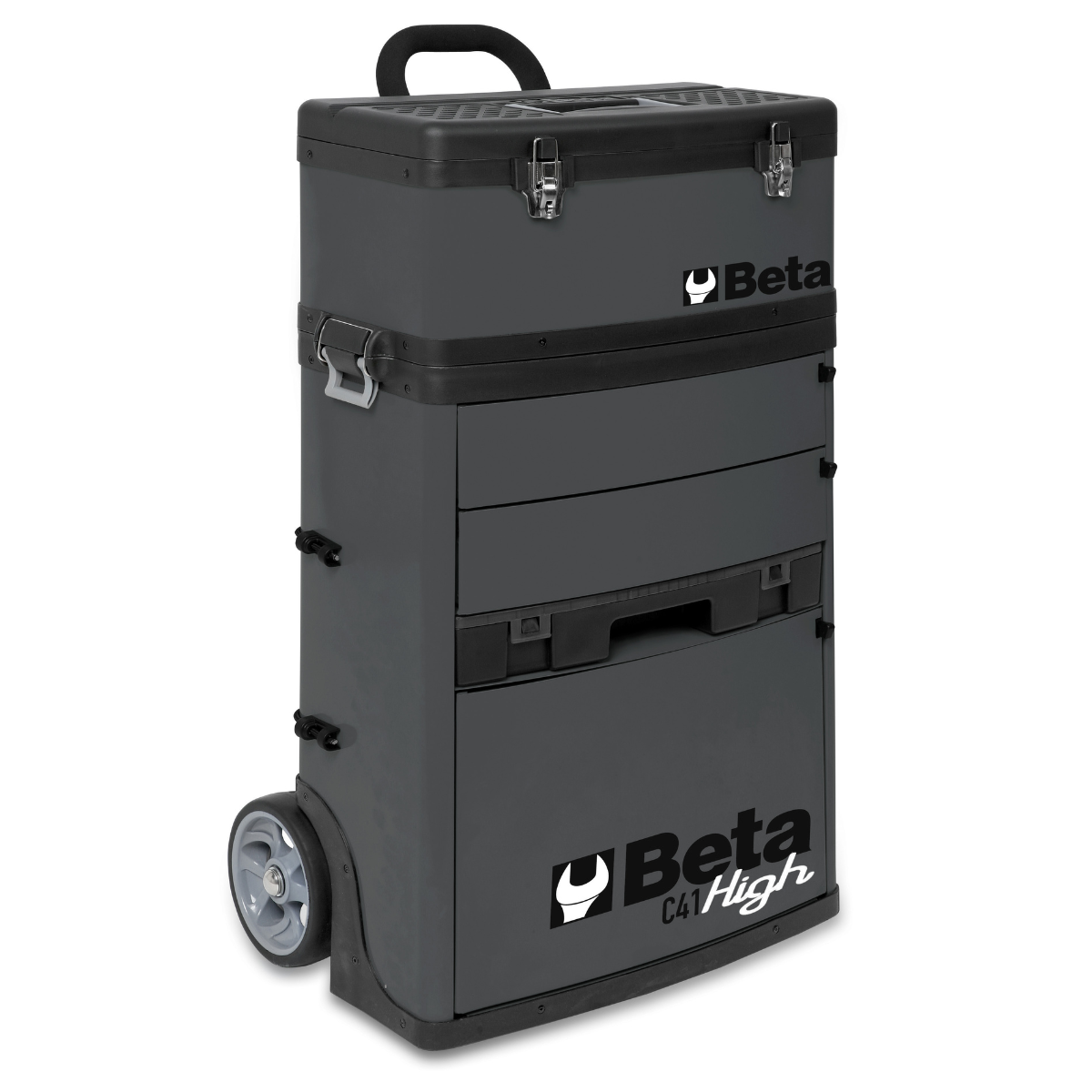 Black tool cart with wheels and 'Beta' branding on a white background