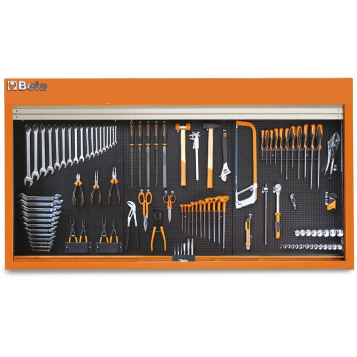 Wall-mounted tool set with various tools on a black pegboard inside an orange frame, featuring the Beta brand.