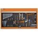 Wall-mounted tool set with various tools on a black pegboard inside an orange frame, featuring the Beta brand.