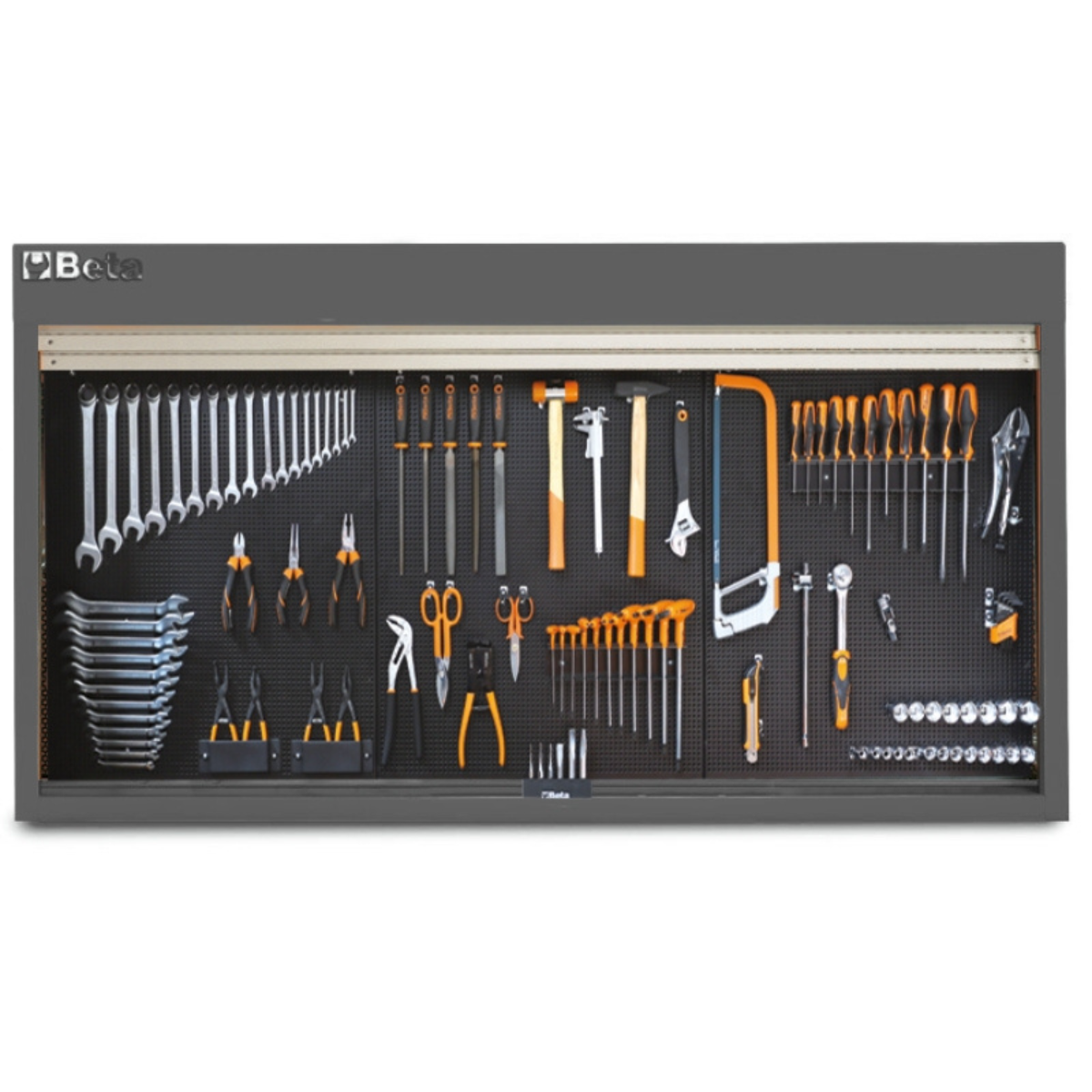 Wall-mounted tool cabinet with various tools on a white background