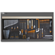 Wall-mounted tool cabinet with various tools on a white background