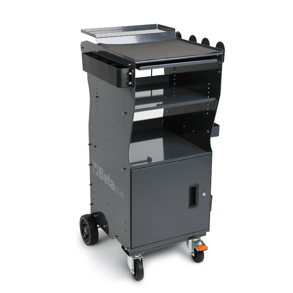 Gray rolling cart with shelves and a tray on a white background
