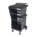 Black rolling workbench with multiple shelves on a white background