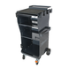 Black rolling workbench with multiple shelves on a white background