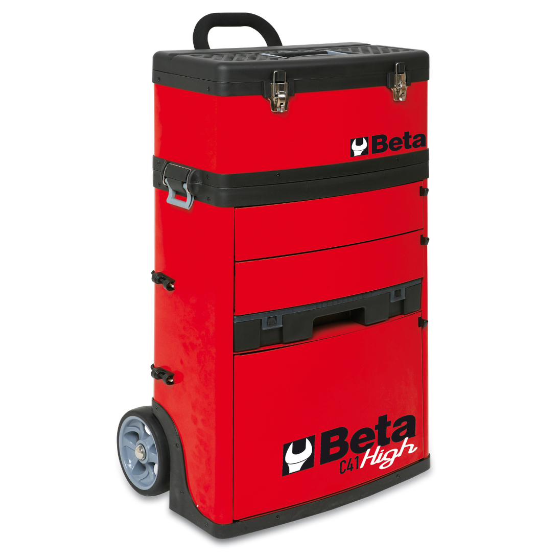 Red tool cart with black accents and Beta logo on a white background
