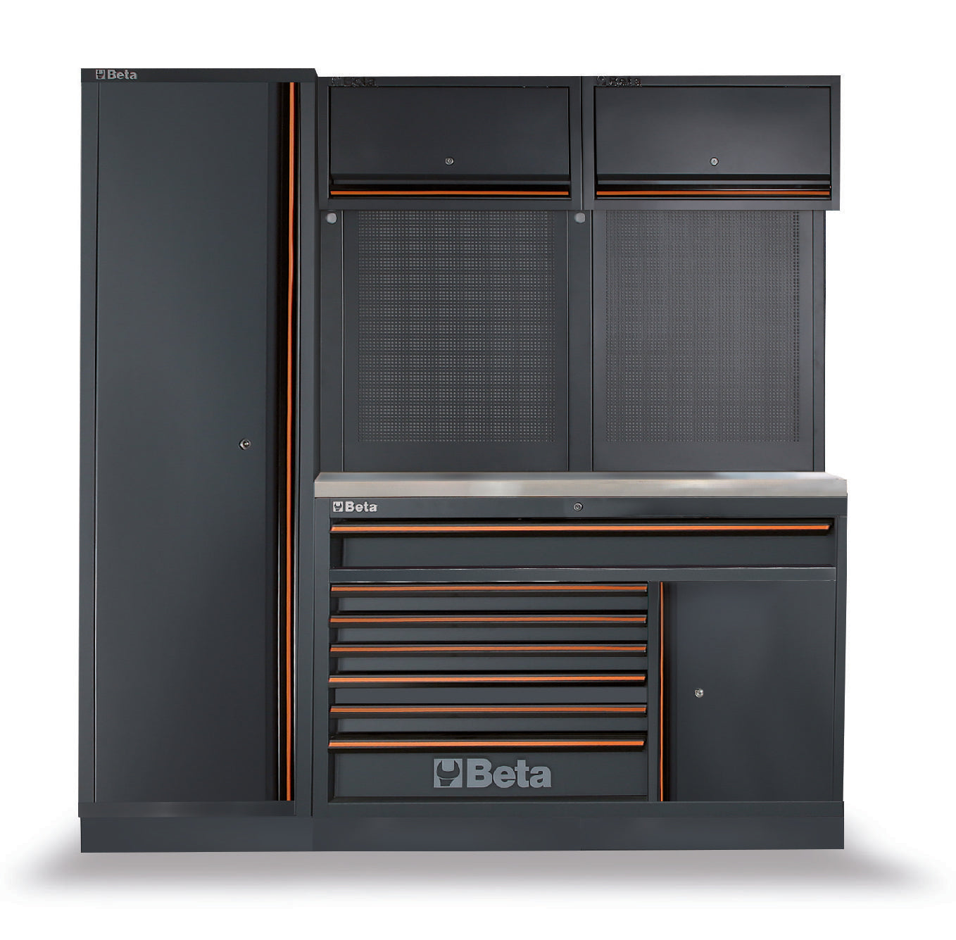 Large dark gray tool cabinet with multiple drawers and doors on a white background