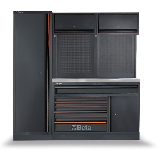 Large dark gray tool cabinet with multiple drawers and doors on a white background