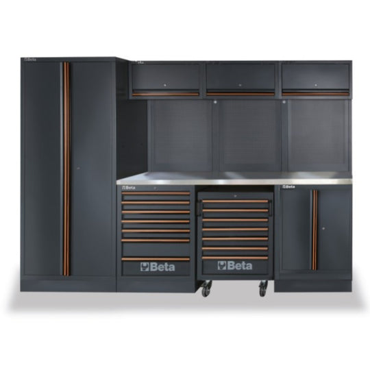 Black and bronze tool cabinet with drawers and shelves on a white background