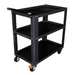 Black three-tier utility cart with wheels on a white background