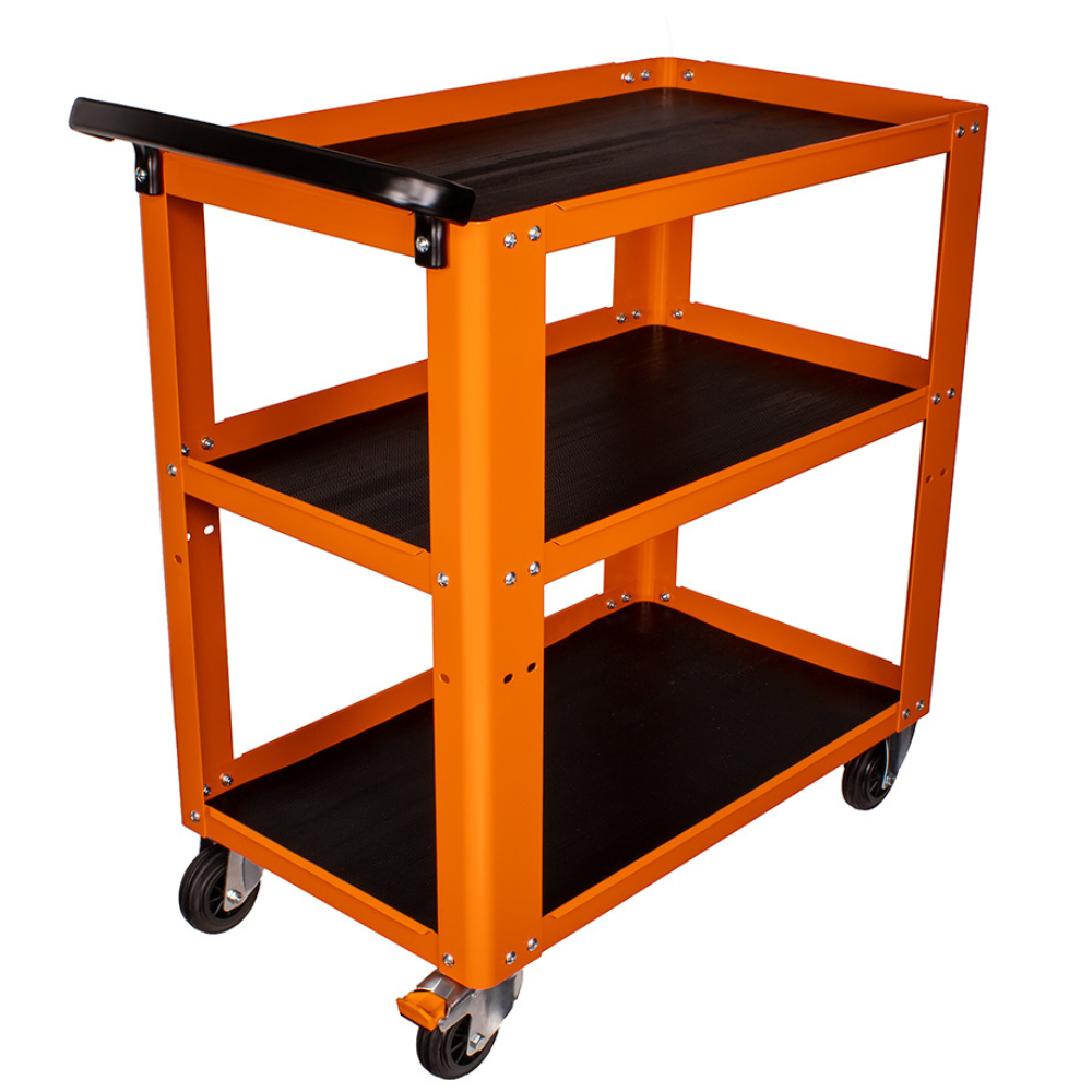 Orange service cart with black shelves on a white background