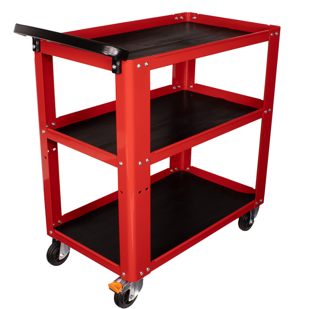 Red tool cart with black shelves on a white background