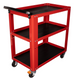 Red tool cart with black shelves on a white background