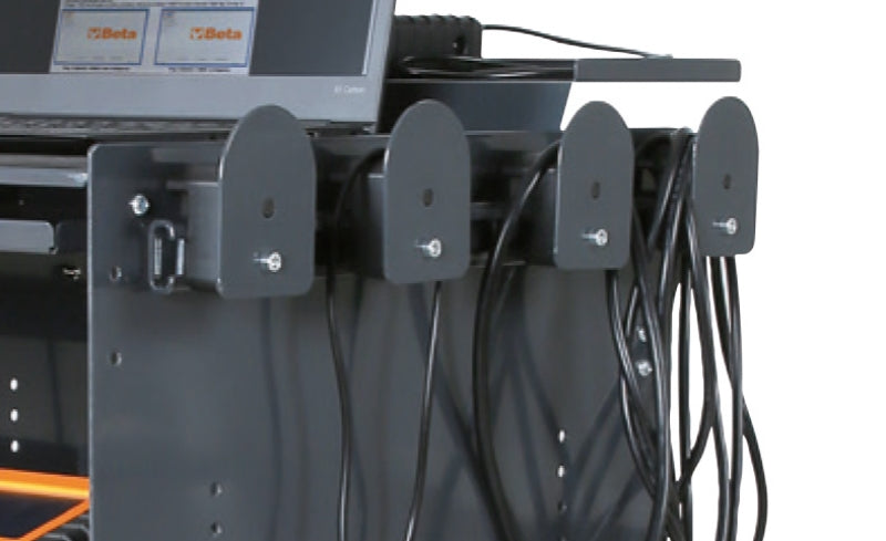 Cable management system with labeled ports on a white background
