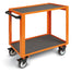 Orange metal cart with two shelves on a white background