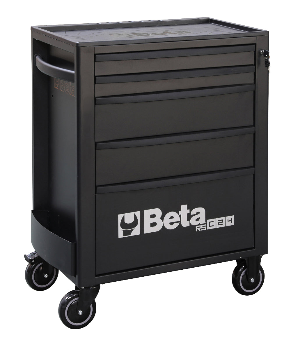 Black tool cart with multiple drawers and Beta logo on a white background