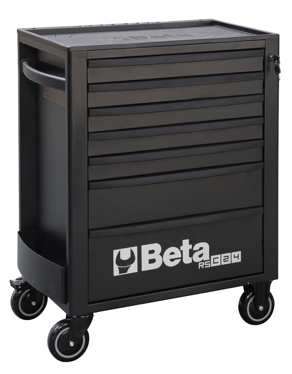 Black tool cabinet with multiple drawers and wheels on a white background, featuring the Beta brand.