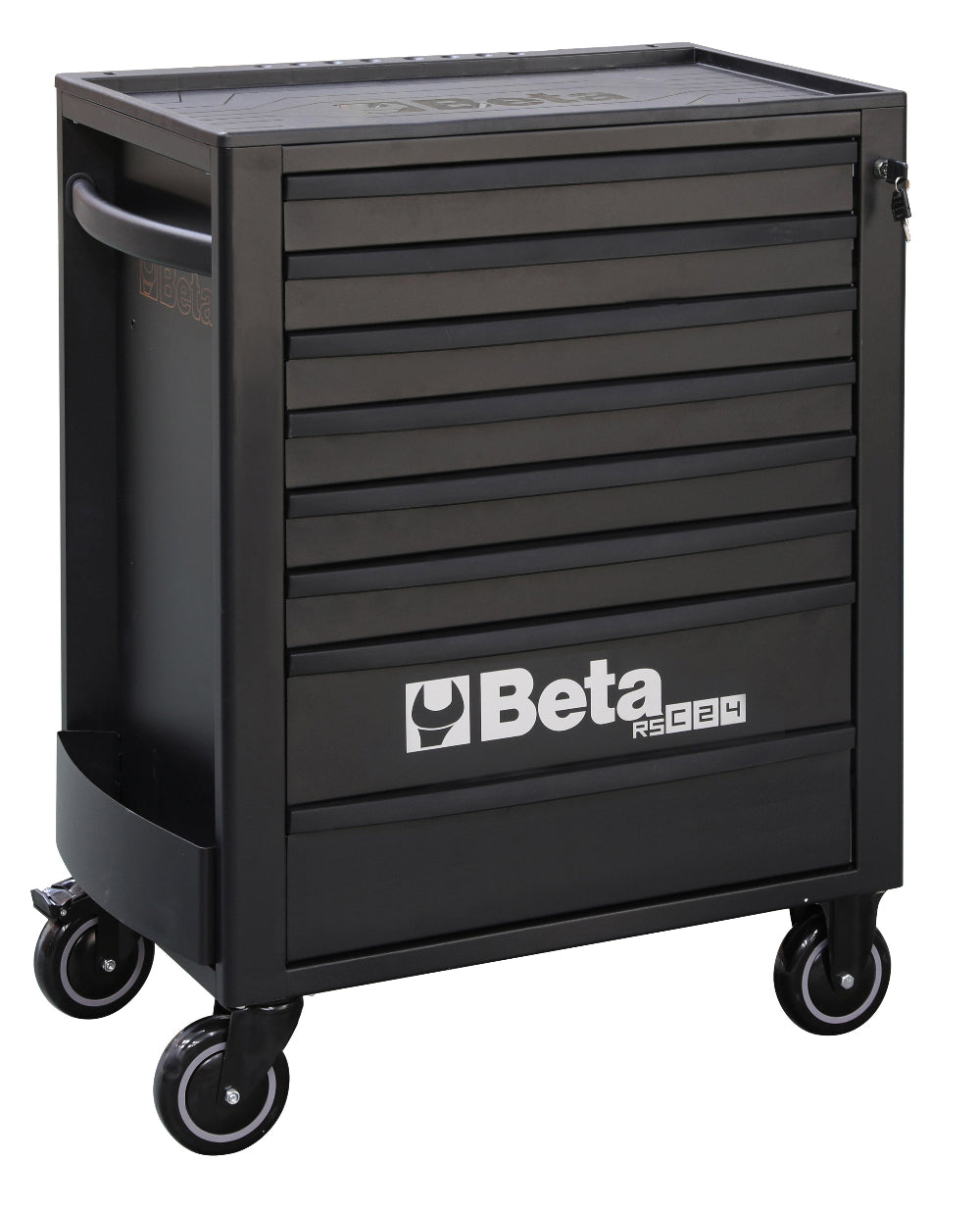 Black tool cabinet with multiple drawers and wheels on a white background, featuring the Beta brand.