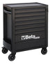 Black tool cabinet with multiple drawers and wheels on a white background, featuring the Beta brand.