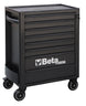 Black tool cabinet with multiple drawers and wheels on a white background, featuring the Beta brand.