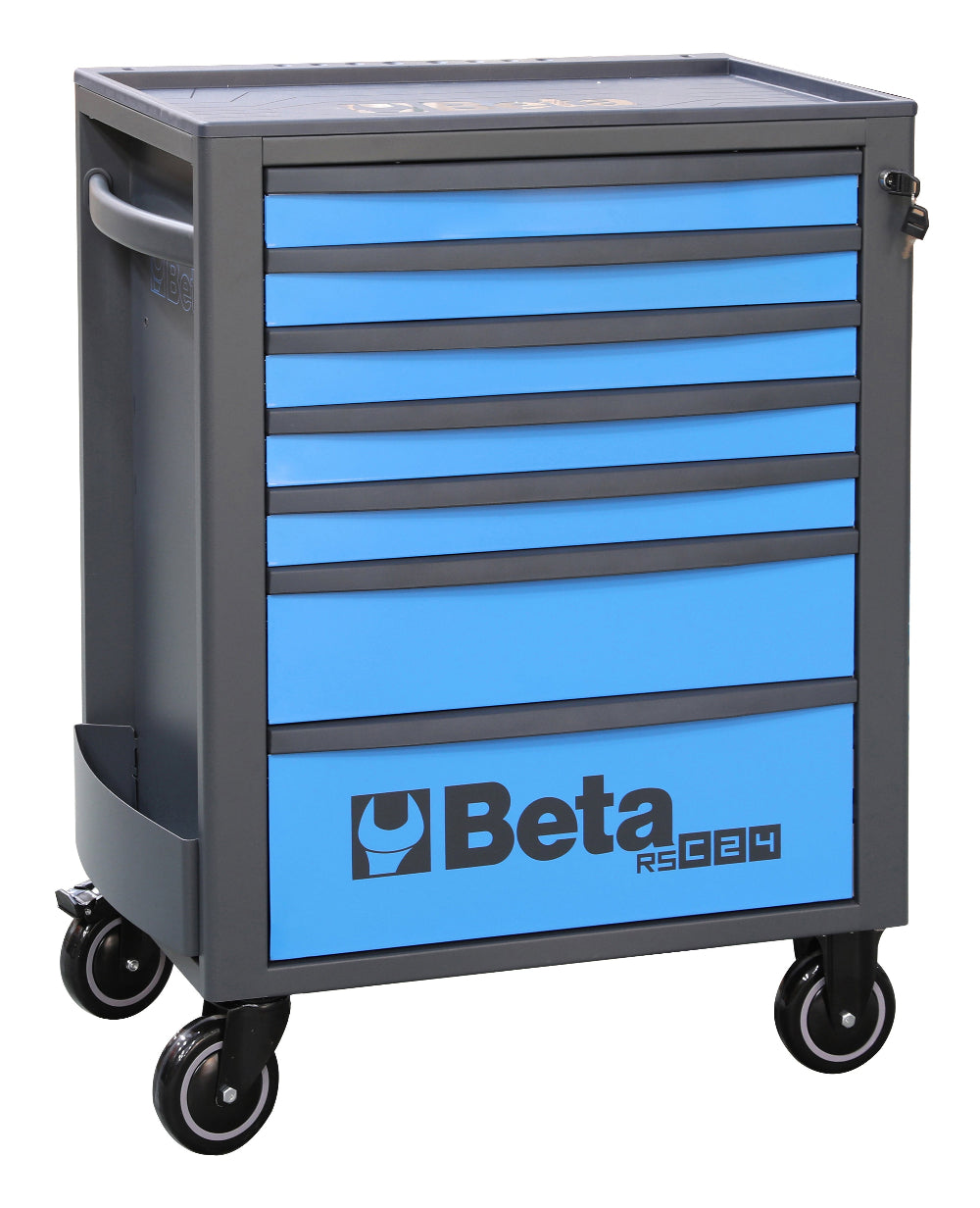 Tool chest with blue drawers and Beta logo on a white background