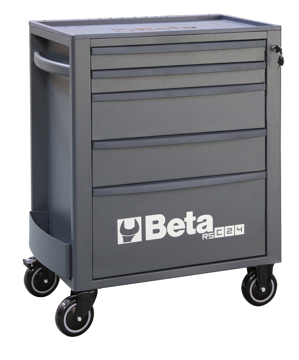 Gray tool cart with multiple drawers and Beta logo on a white background