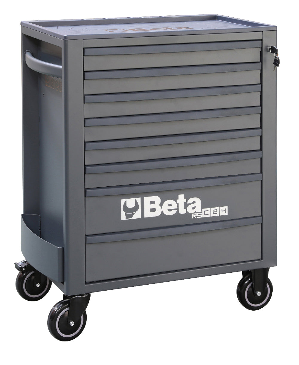 Gray tool cabinet with multiple drawers and wheels on a white background, featuring the Beta brand.