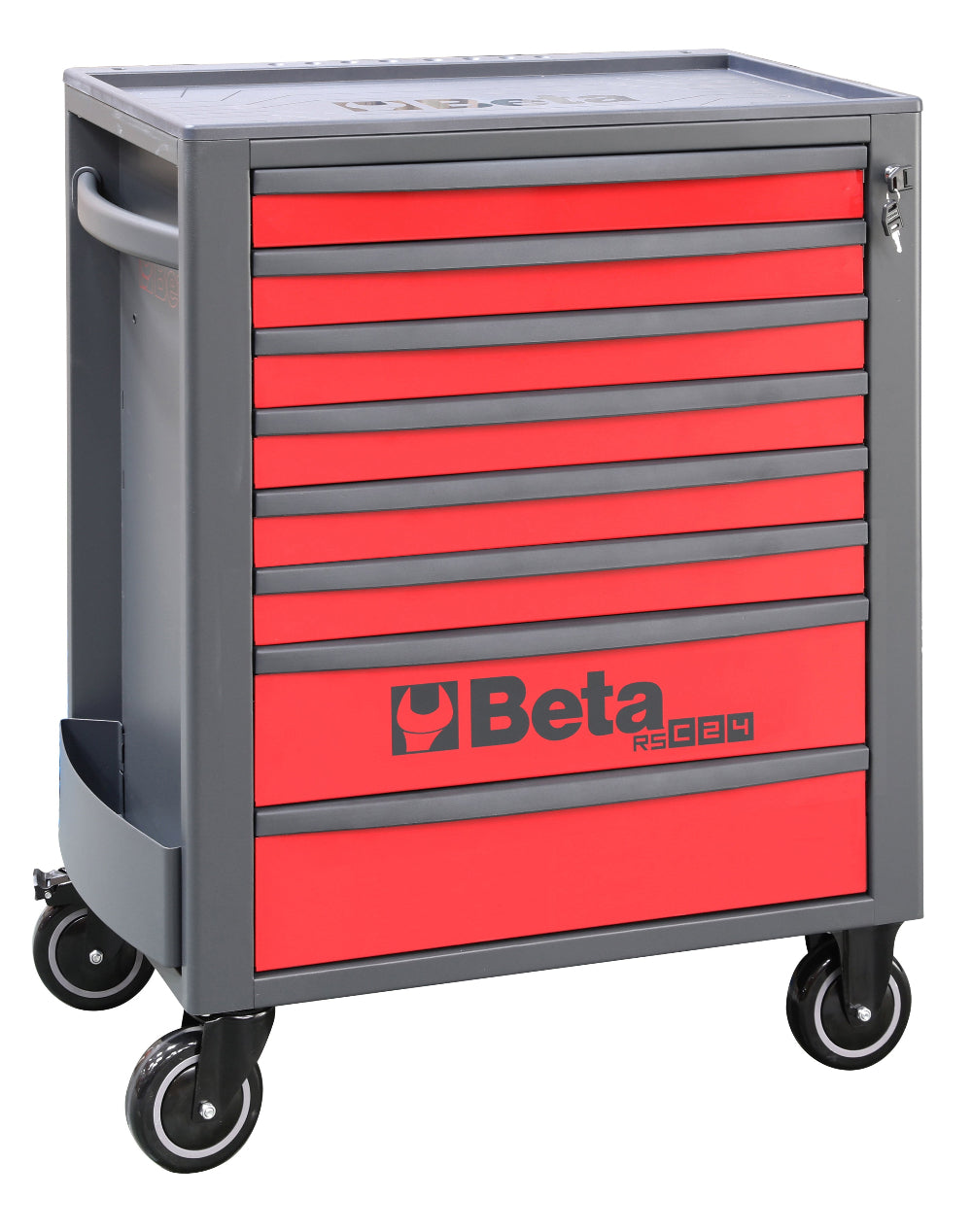 Tool chest with red drawers and gray top, featuring Beta tool brand logo.