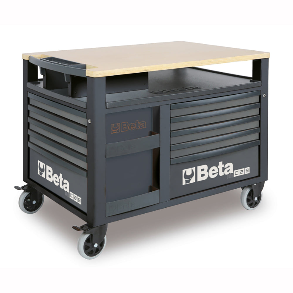 Tool chest with multiple drawers and a work surface on wheels, featuring the Beta brand.
