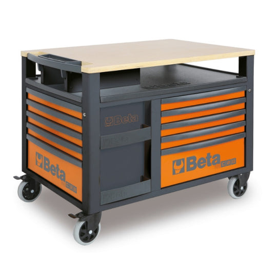 Tool chest with orange drawers and a wooden top on a white background