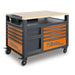 Tool chest with orange drawers and a wooden top on a white background