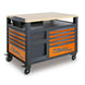 Tool chest with orange drawers and a wooden top on a white background