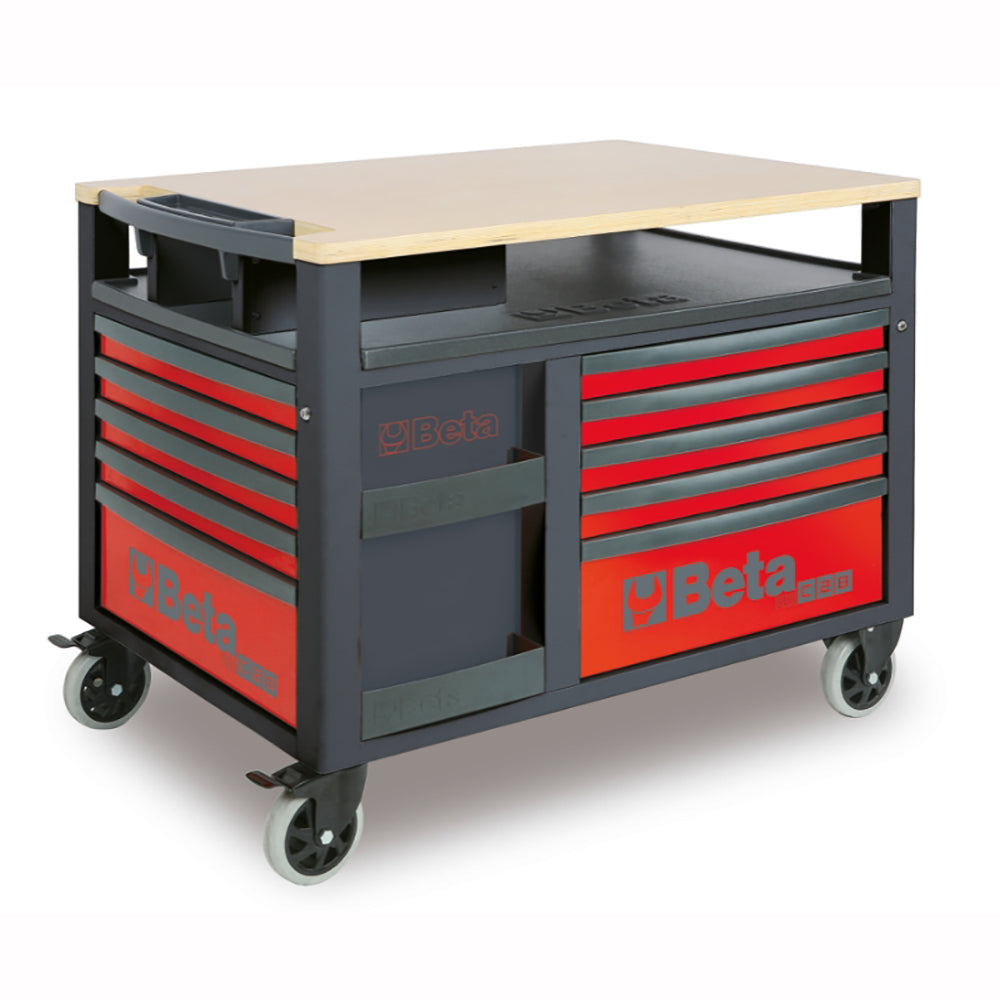 Tool chest with red and gray drawers on a white background