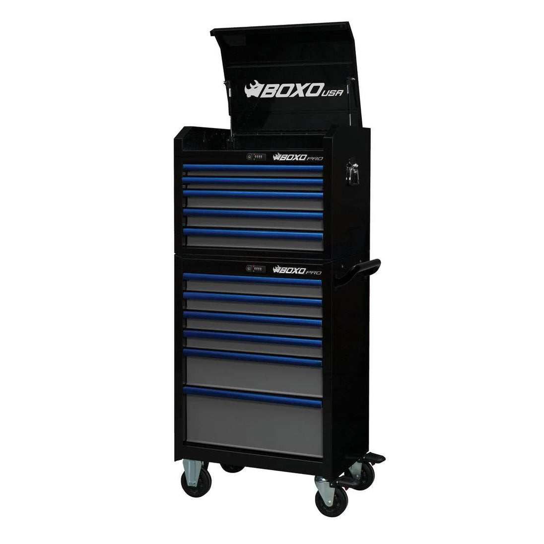 Black and blue tool chest with multiple drawers on a white background