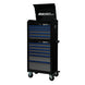 Black and blue tool chest with multiple drawers on a white background