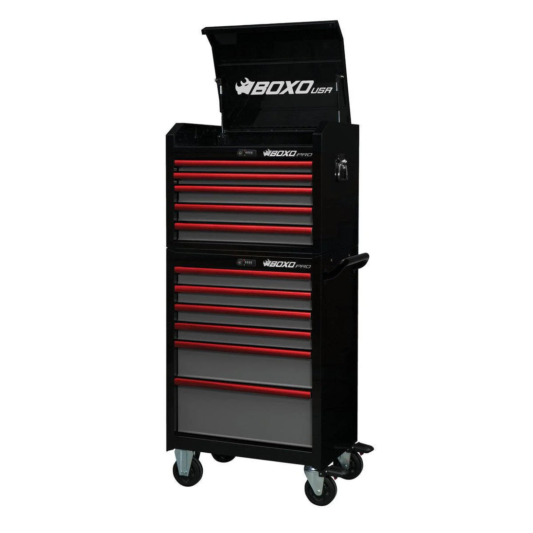 Black and red tool chest with multiple drawers on a white background