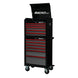 Black and red tool chest with multiple drawers on a white background