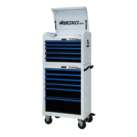 Tool chest with multiple drawers on wheels, featuring the BOXO USA brand.