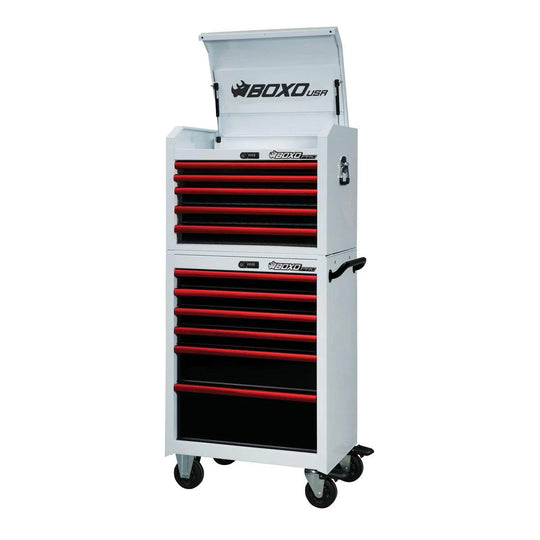 Tool chest with red drawers and 'Boxo' branding on a white background