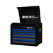 Black tool chest with blue drawers and 'BOXO USA' branding on a white background
