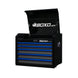Black tool chest with blue drawers and 'BOXO USA' branding on a white background
