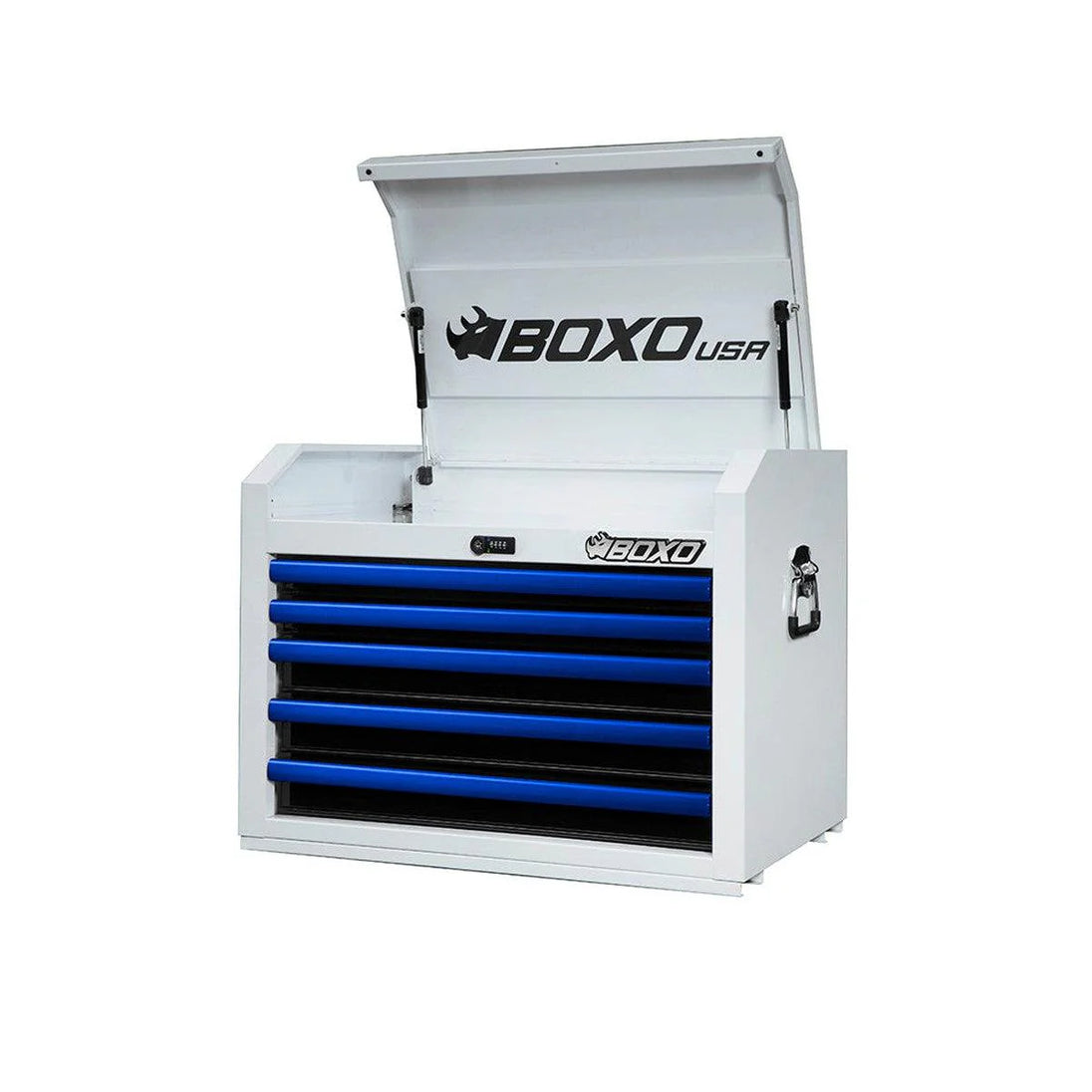 White tool chest with blue drawers and 'BOXO USA' branding on a white background