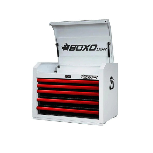 White tool chest with red drawers and 'BOXO USA' branding on a white background