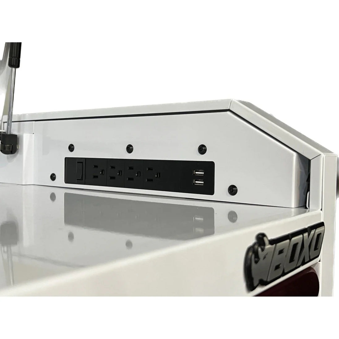 Metallic surface with power outlet and USB ports