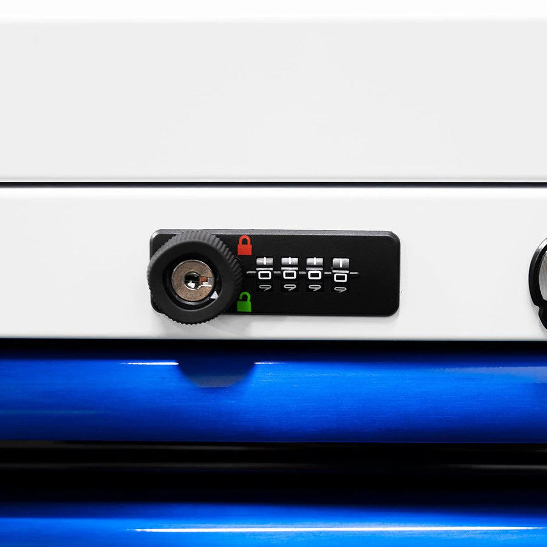 Close-up of a car door handle with a combination lock on a white cabinet