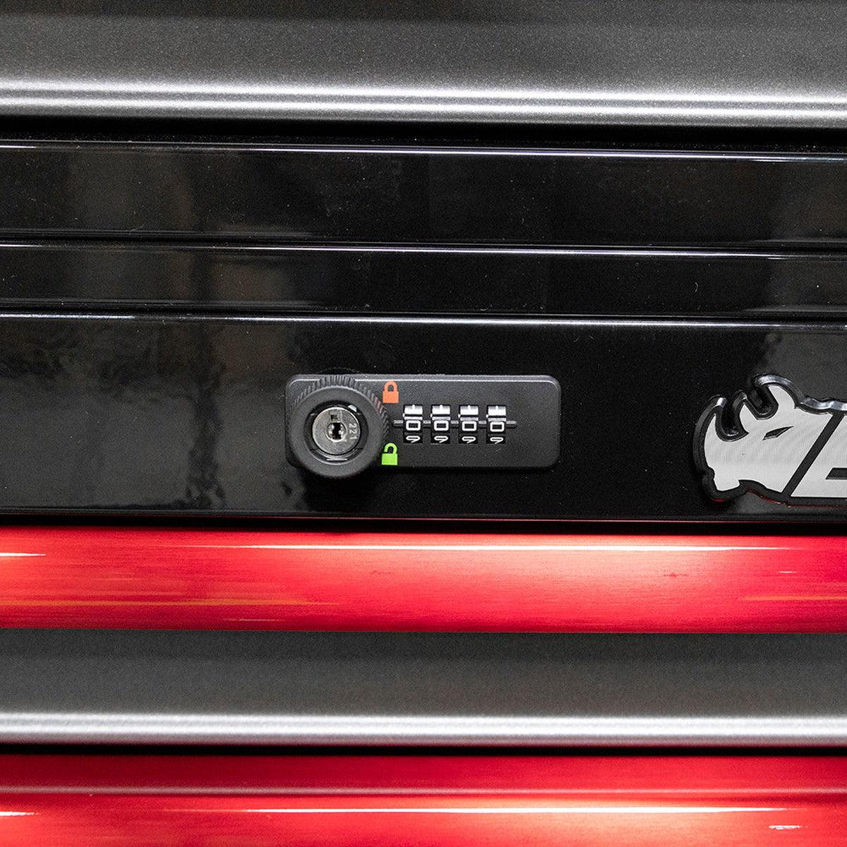 Close-up of a black and red cabinet with a lock mechanism and logo.